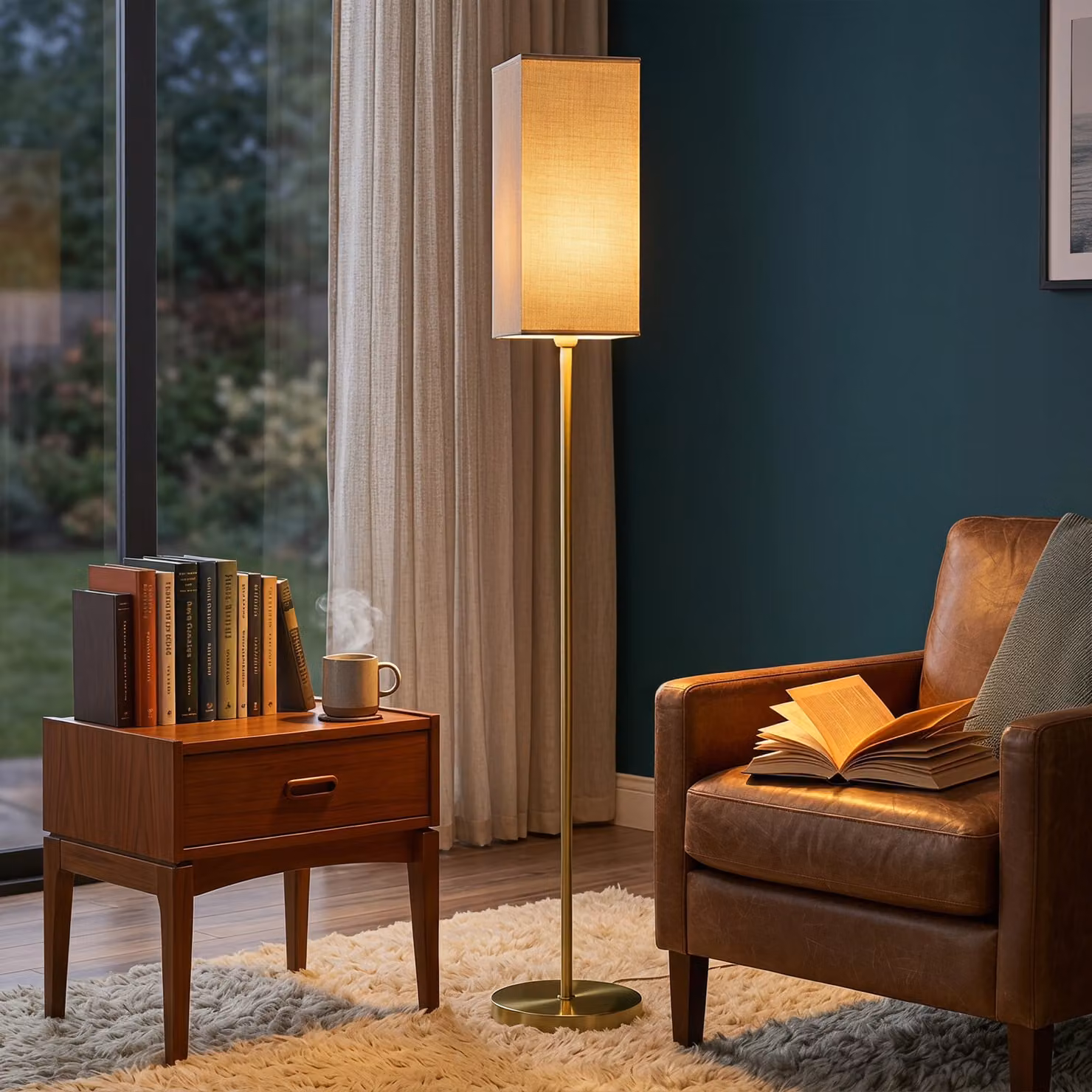 HOMCOM Modern Gold Floor Lamp with White Fabric Shade and Foot Switch – 6