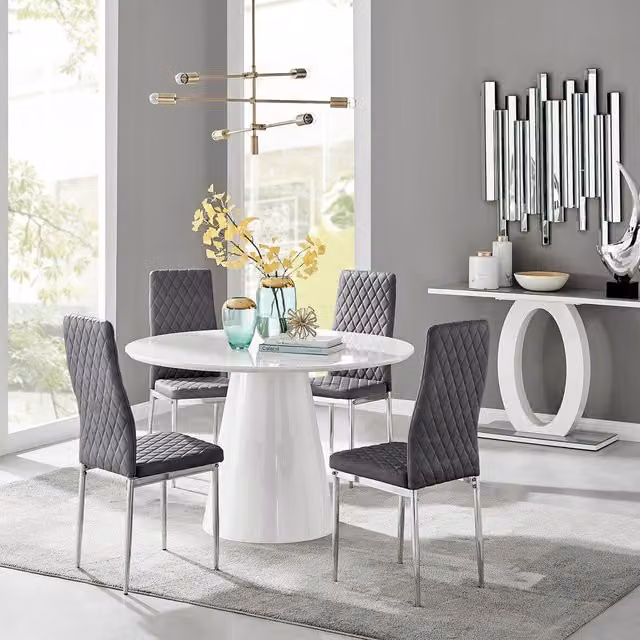 FurnitureboxUK Palma White High Gloss Round Dining Table and 4 Grey Velvet Milan Chairs