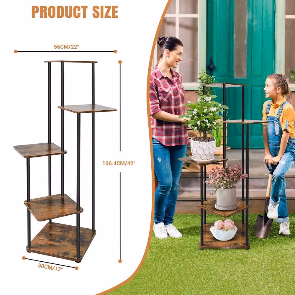 FORGEVIO 5-Tier Metal and Wood Plant Stand for Flower Pot Display in Brown – 5