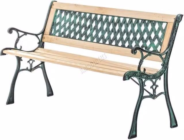 NESTLUNE 3 Seater Outdoor Wooden Garden Bench with Cross Lattice Cast Iron in Green, W: 122 cm, D: 15 cm, H: 100 cm – 1