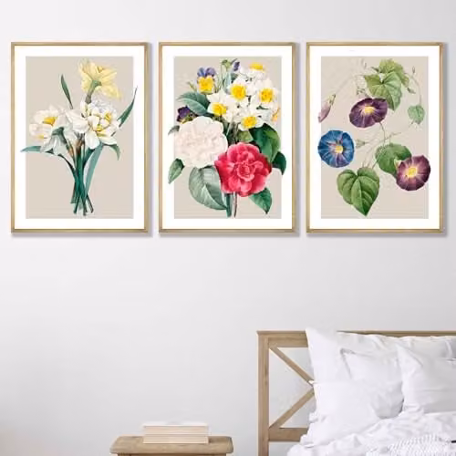 ARTZE Set of 3 Vintage Spring Daffodil Floral Wall Art Paper Posters, Multicolour, W: 29.7 cm x H: 42 cm
