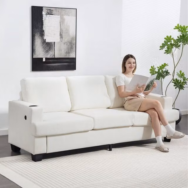 HOMCOM 3 Seater Fabric Sofa with USB Charging Ports and Cup Holders in White