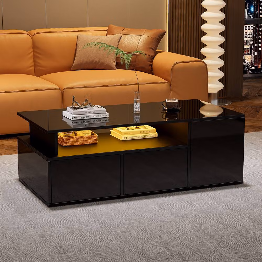 STILVORA Modern Black Glossy Coffee Table with 2 Drawers and Open Storage, W/D/H: 100 x 50 x 35 cm – 2