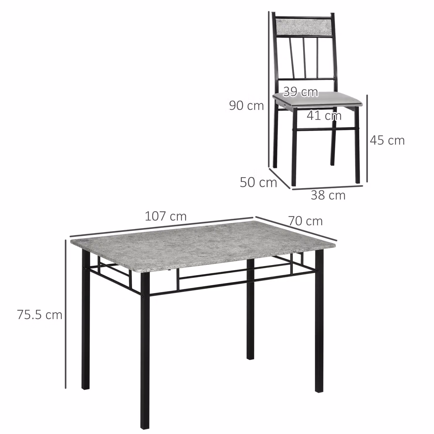 HOMCOM 5 Piece Modern Dining Room Set with Marble Effect Tabletop and Padded Chairs in Light Grey – 3