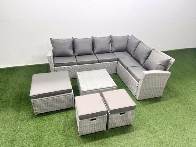 Fimous Garden 9 Seater L-Shape Outdoor Rattan Furniture Set in Light Grey