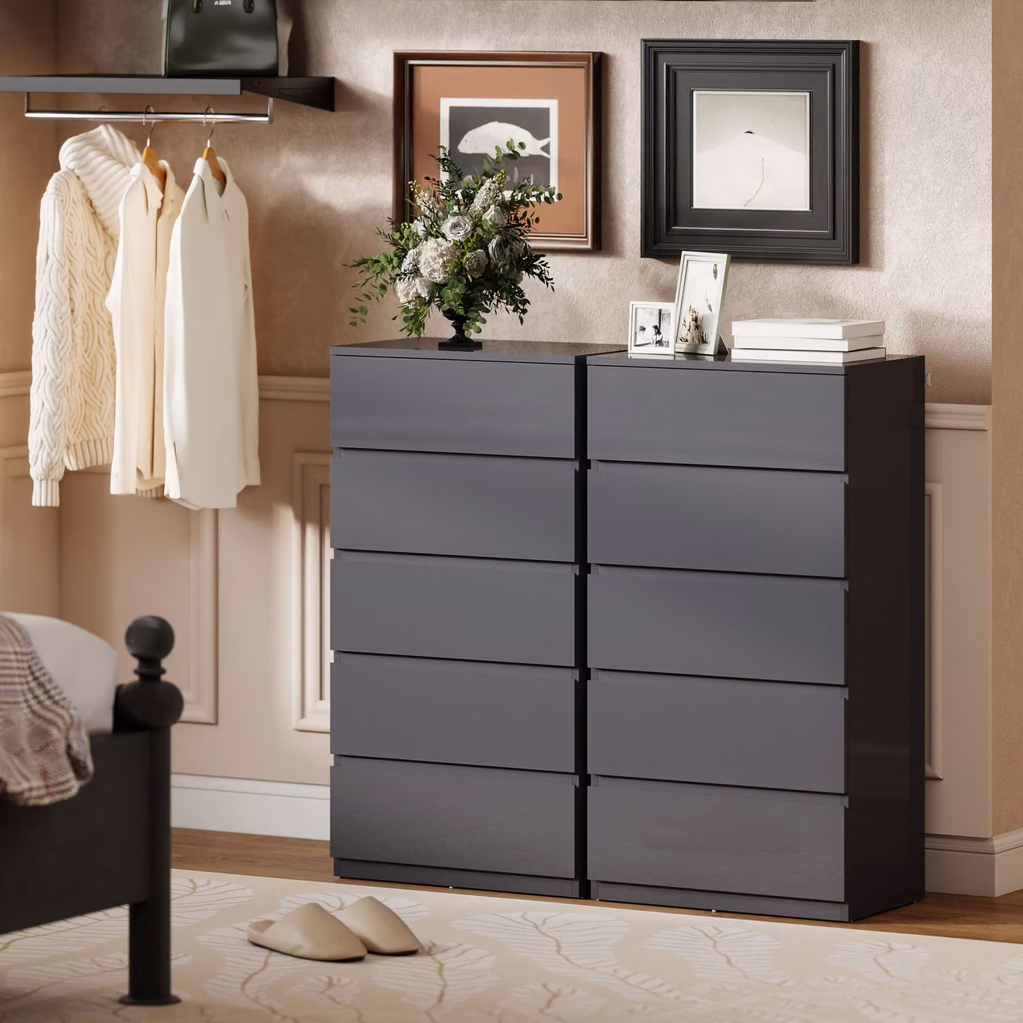HOMCOM Modern Grey Glossy 5-Drawer Chest of Drawers with Soft-Close Drawers – 4