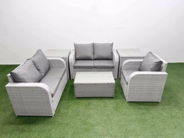 Fimous Grey Poly Rattan Garden Furniture Set with Reclining Chair, 2-Seater Sofa, Coffee Table and 2 Side Tables
