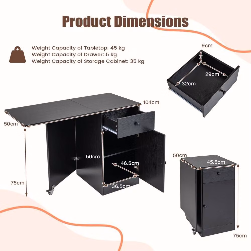 Costway Modern Black Folding Dining Table with Butterfly Drop Leaf and Drawer – 2
