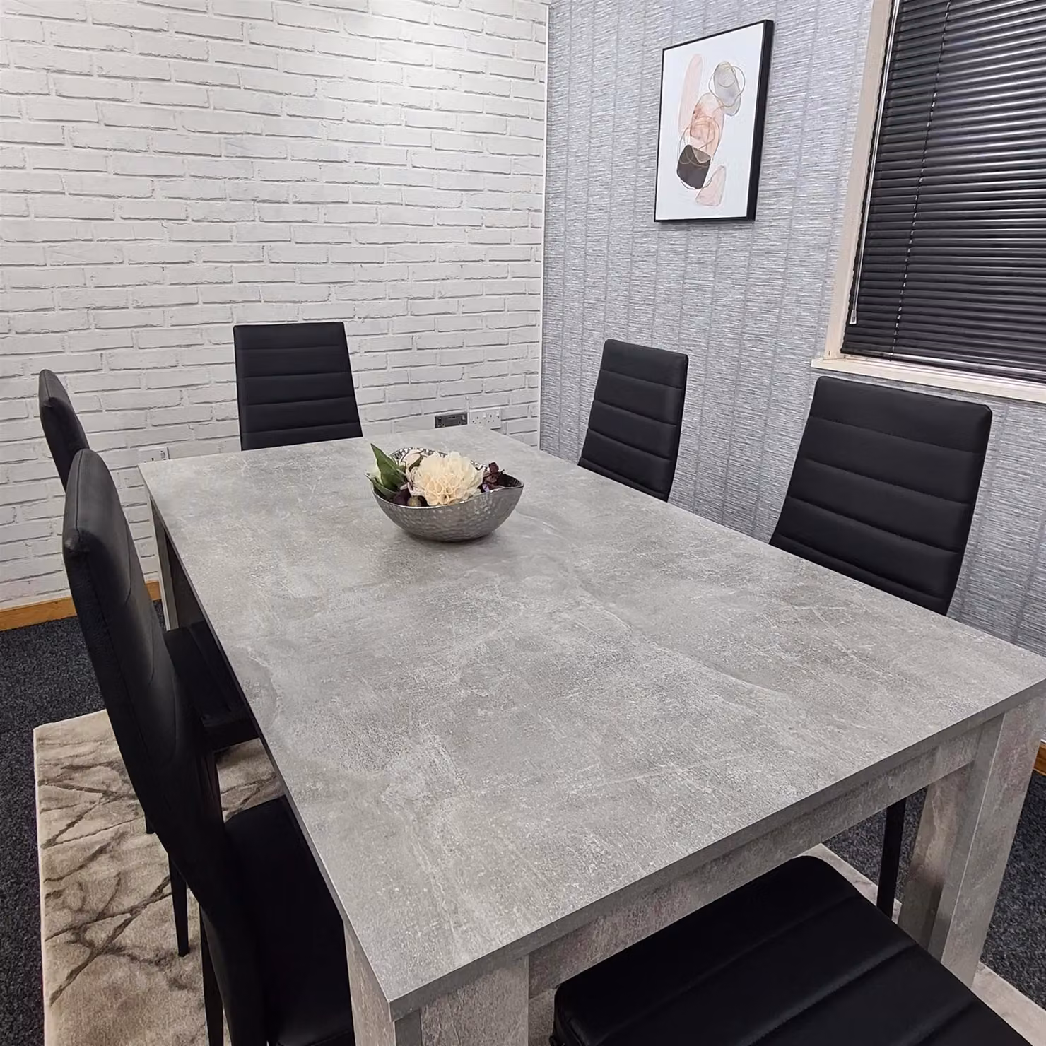 KOSY KOALA Modern Rectangular Dining Table Set with 6 Black Chairs, Stone Grey Effect and Brown Wood Finish – 2