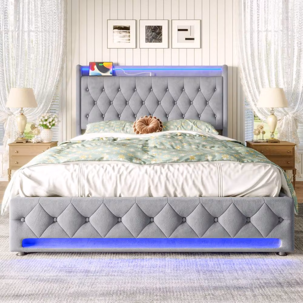 Merax Grey Velvet Upholstered Double Storage Bed Frame with 4 Drawers, LED Lighting and USB Charging Headboard, W/D/H: 140 x 200 x 115 cm – 2