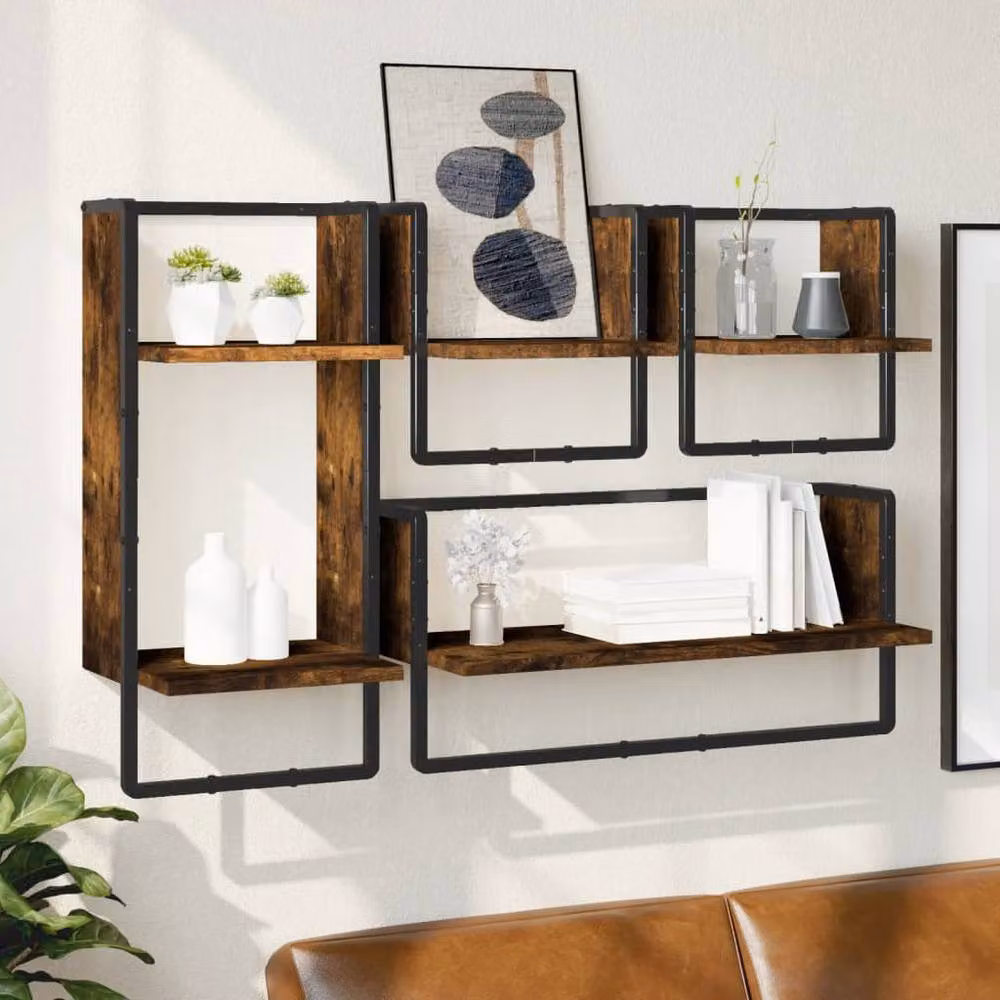 Berkfield Home 4 Piece Smoked Oak Wall Shelf Set with Hanging Rods in Brown – 2