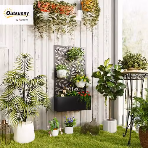 Outsunny Metal Raised Garden Bed with Trellis and Privacy Screen in Black – 2