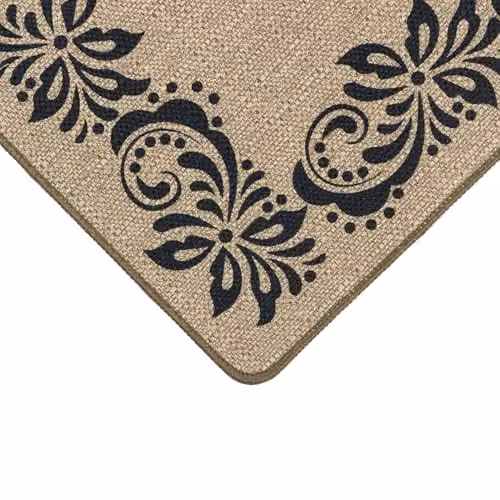 JVL Elegance Machine Washable Non-Slip Entrance Doormat and Runner Set with Floral Border in Black and Beige – 2
