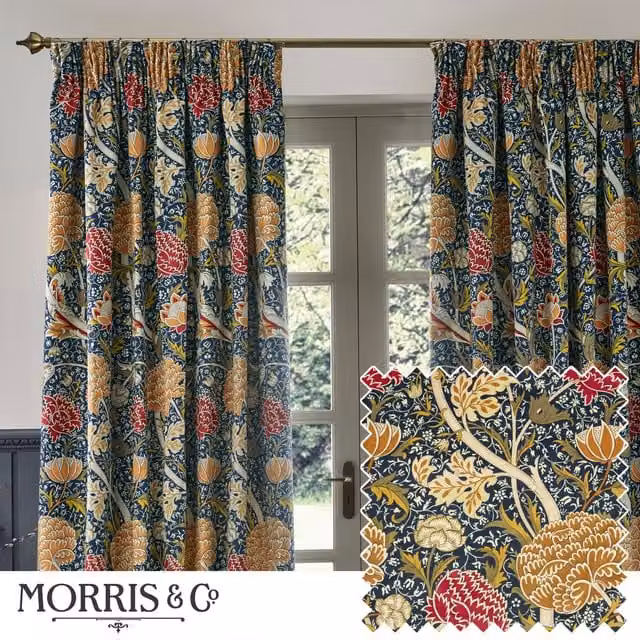 Morris & Co Cray Floral Velvet Room Darkening Pencil Pleat Curtains in Blue, Width: 229 cm, Drop: 137 cm