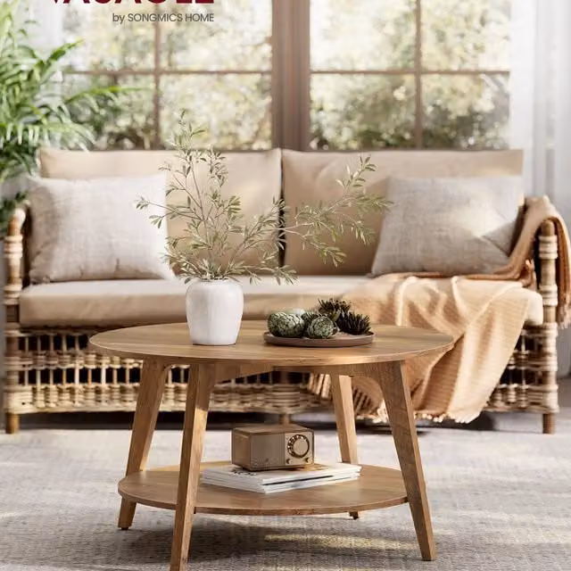 VASAGLE 2-Tier Round Coffee Table with Storage in Bronze and Brown