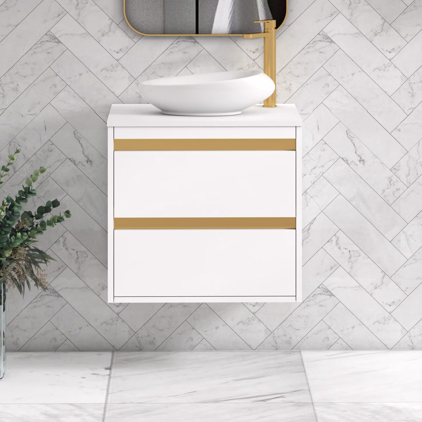 Royal Bathrooms Orion 600mm Matt White Wall Hung 2 Drawer Vanity Unit with Nova Basin and Brushed Brass Accent Trim