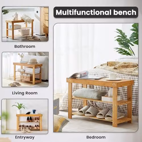 MANTRARAJ Bamboo 3-Tier Shoe Bench and Organiser in Brown, W/D/H: 70 x 28 x 46 cm – 3