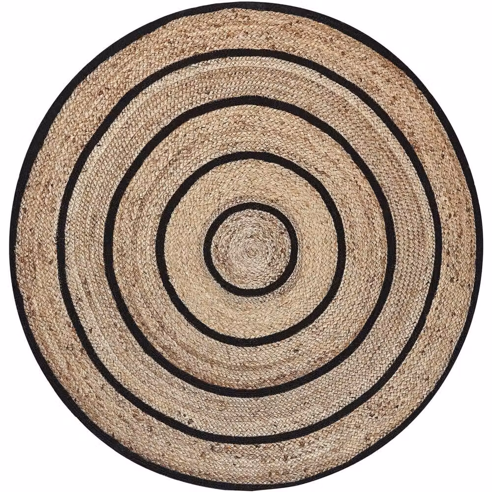 Wyld and Coco Round Braided Jute and Cotton Boho Rug in Beige and Black, Diameter: 140 cm – 2