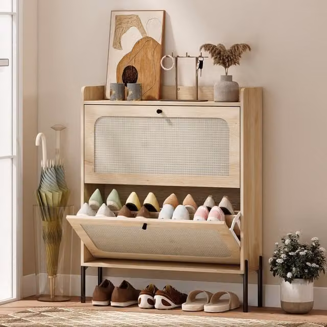 HOMCOM Boho Narrow Oak Shoe Cabinet with 2 Rattan Tilting Drawers