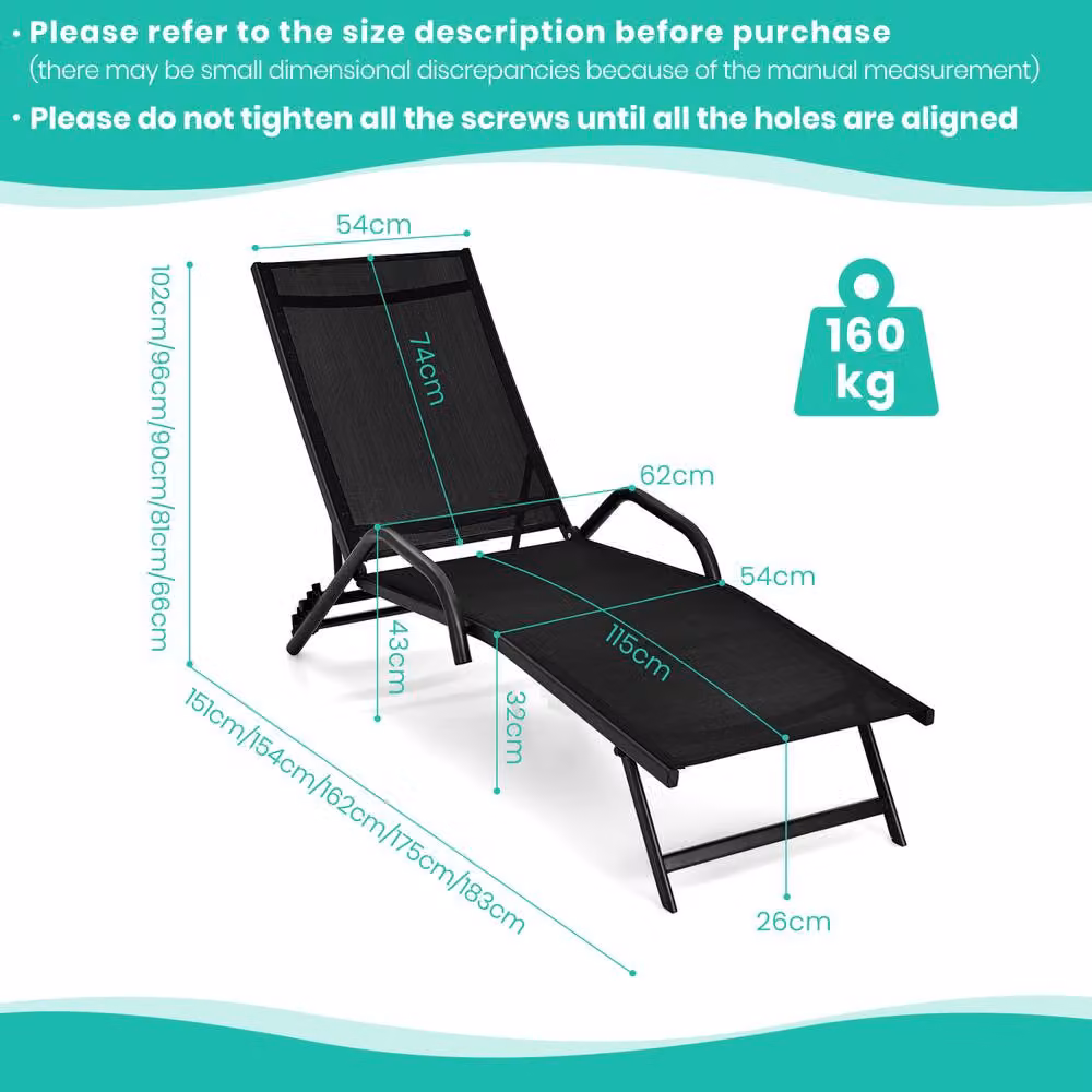 Costway Set of 2 Outdoor Chaise Lounge Chairs with 5-Position Adjustable Recliners in Black – 3
