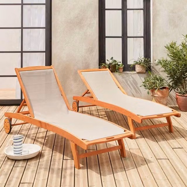 sweeek Pair of Modern Wooden and Textilene Sun Loungers in Beige