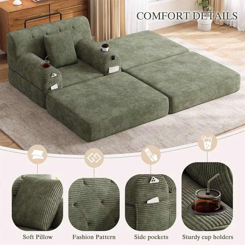 Direct Wicker Green Cord Convertible Sleeper Chair with Ottoman, Cup Holders and Side Pocket – 2