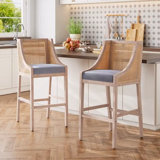 Livingandhome Direct Set of 2 Grey Natural Rattan and Wood Bar Stools with Backrests