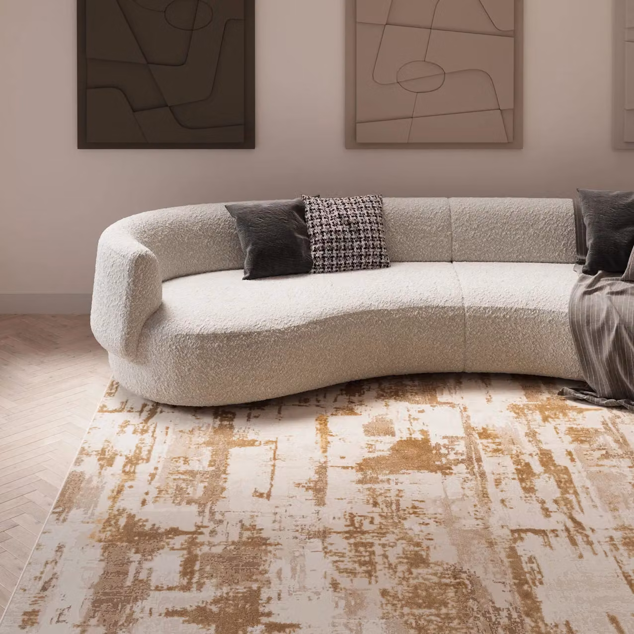Kukoon Contemporary Abstract Soft Pile Area Rug in Beige, W: 70 cm, L: 240 cm – 2