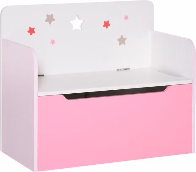 HOMCOM 2-in-1 Kids Wooden Toy Storage Chest and Chair with Safety Hinges, Pink, W: 60 cm, D: 30 cm, H: 50 cm