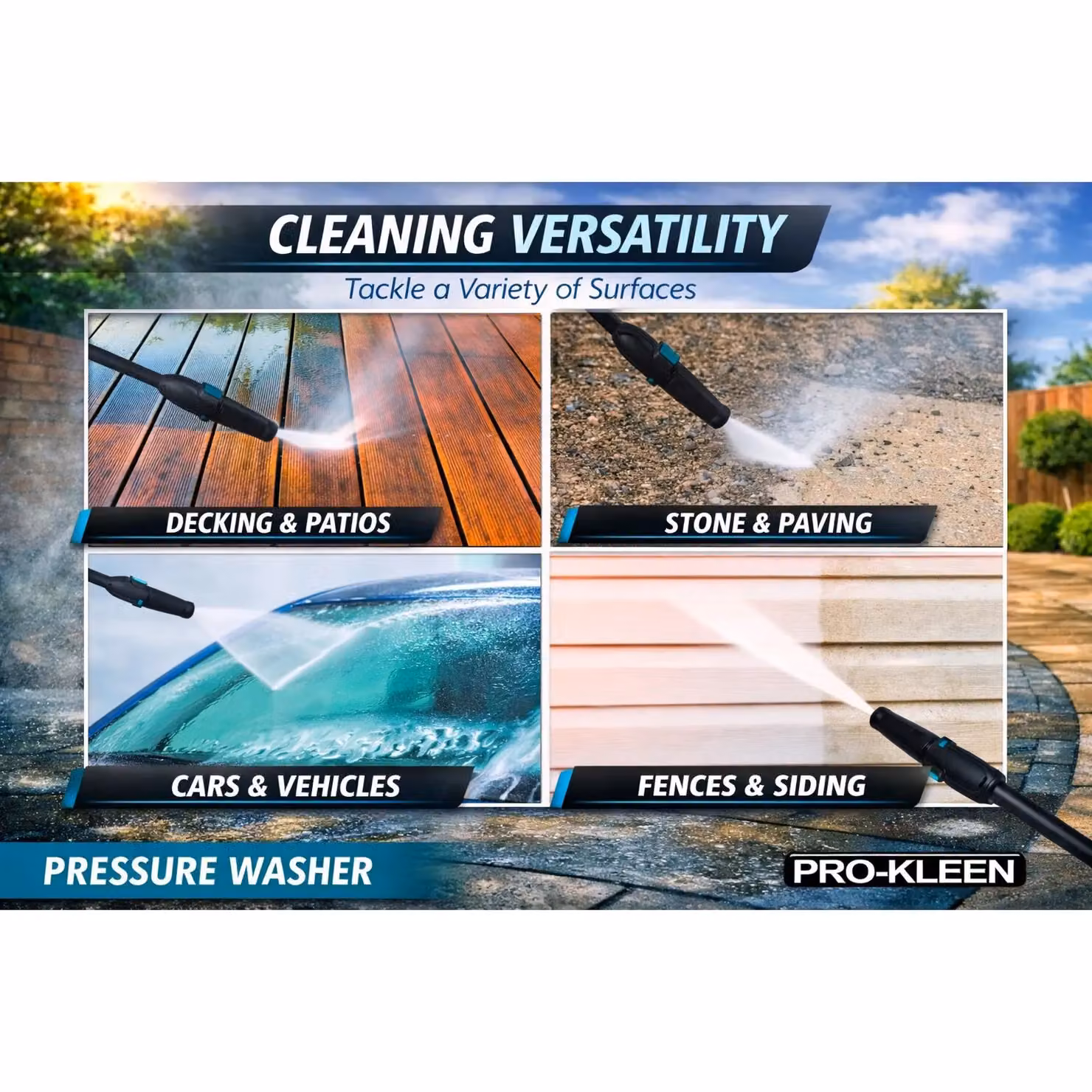 Pro-Kleen Electric Pressure Washer in Black, 2200W with 165 Bar Max Pressure and 8m Hose – 5