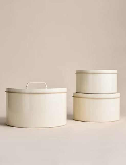 M&S Set of 3 Round Metal Cake Tins with Lids in Beige
