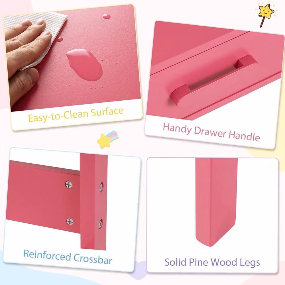 EONLION Pink Childrens Study Desk and Chair Set with Pine Wood Design – 3