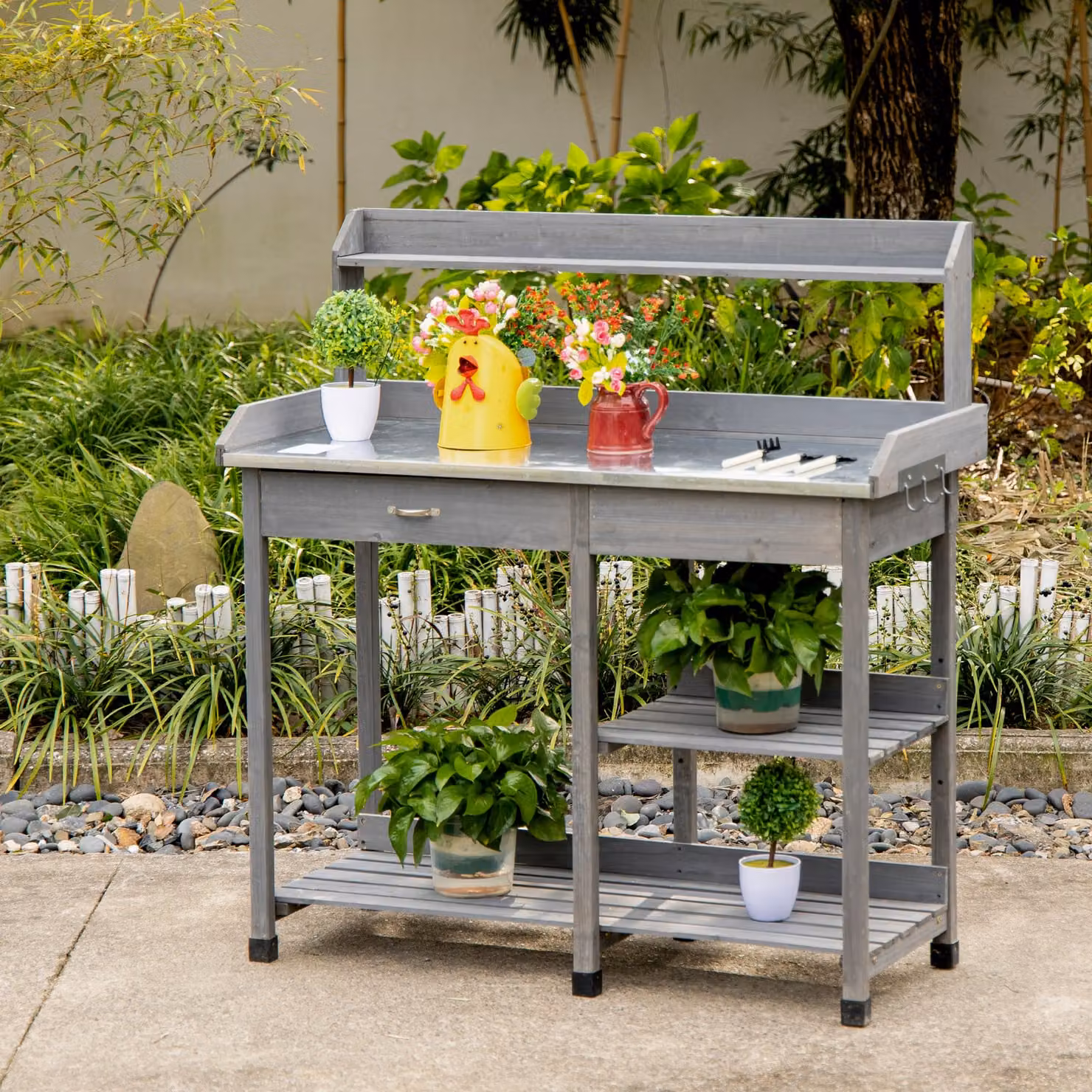 Outsunny Wooden Garden Potting Table with Galvanised Steel Top, Drawer, Storage Shelves and Hooks in Grey – 2