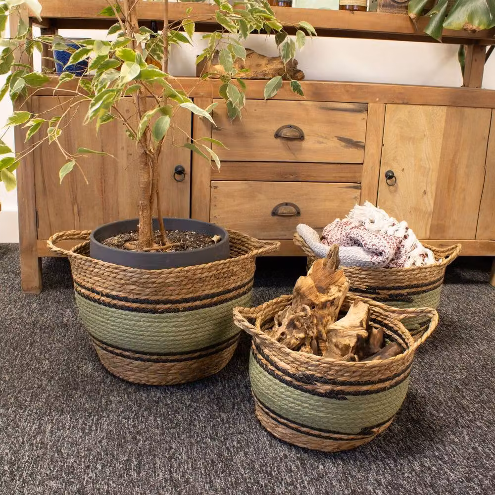 Serenityy Set of 3 Open Weave Seagrass and Fabric Baskets with Handles in Beige, Black and Green – 3