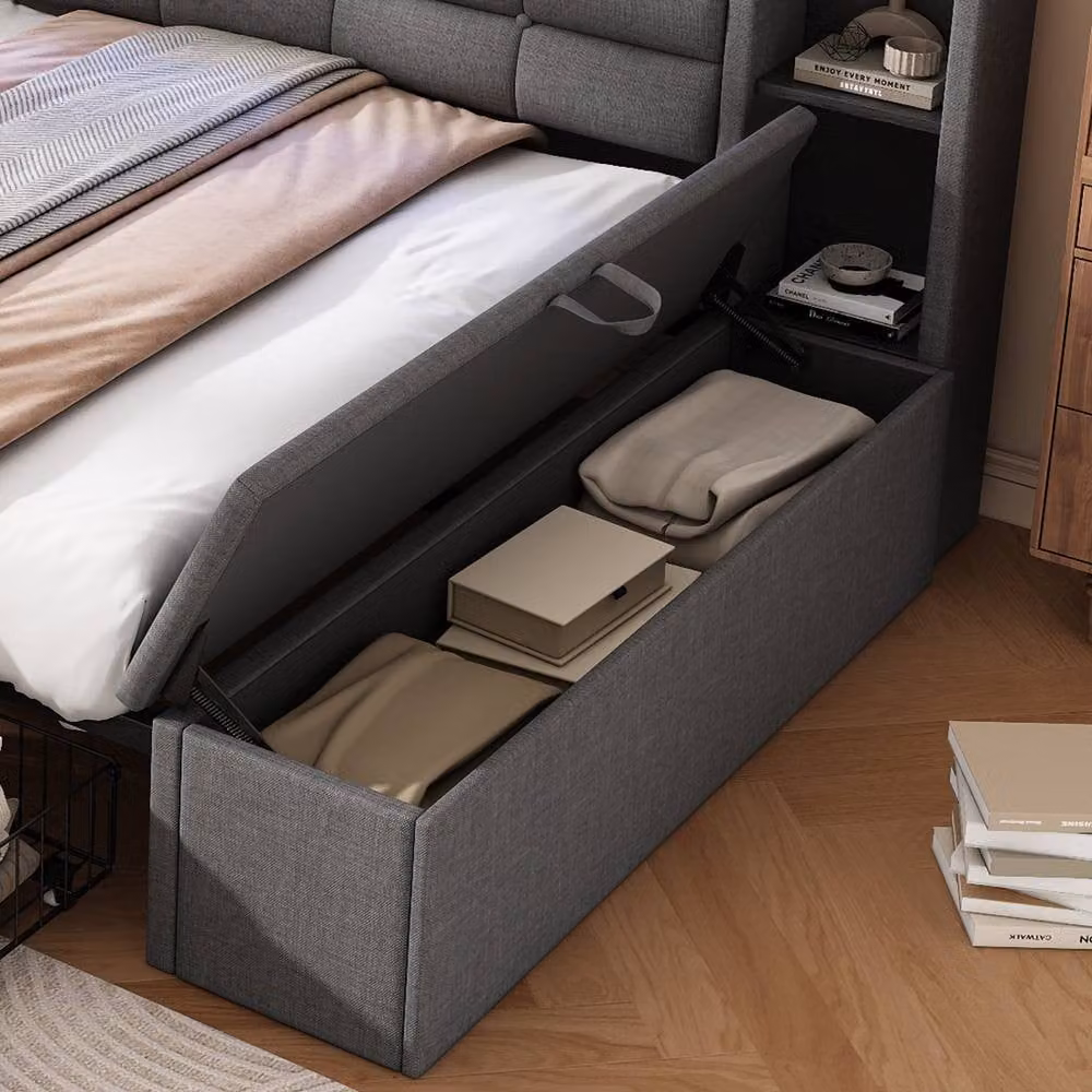 ModernLuxe Upholstered Double Bed in Grey with LED Lighting, Storage Drawers, USB Charging Port and Bedside Shelf, W/D/H: 140 x 190 x 65.25 cm – 5