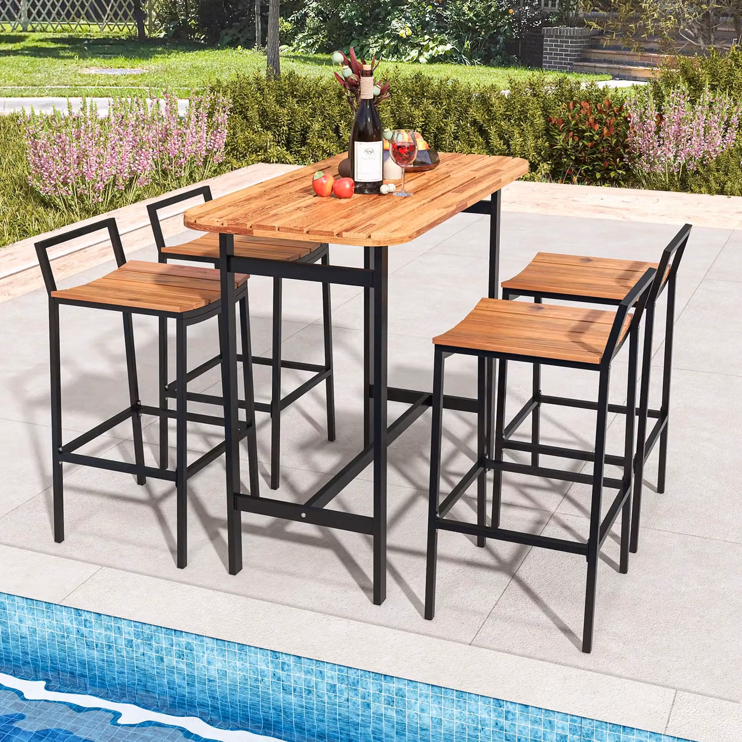 Costway 5-Piece Acacia Wood Outdoor Bar Table and Chairs Set in Natural Brown – 5