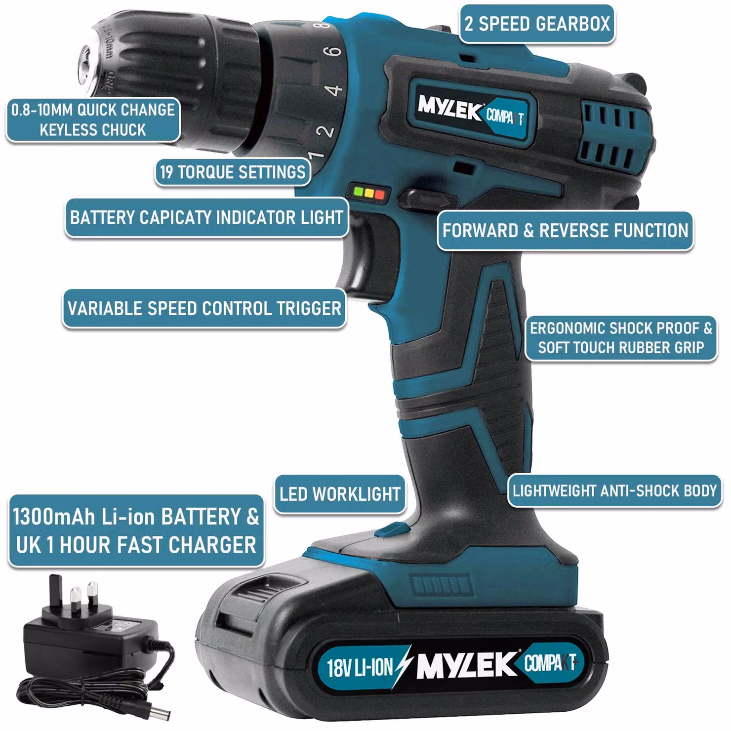 MYLEK 2 Speed Cordless Drill BMC in Green with Carry Case and 128 Piece Accessory Kit – 2