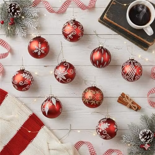 Shatchi 12-Piece Set of Glass Christmas Baubles in Red, White and Gold with Floral and Abstract Designs, Diameter: 8 cm – 7