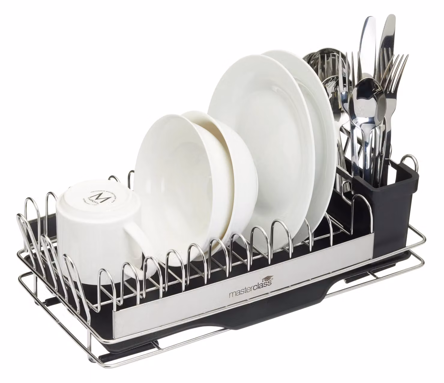 MasterClass Small Stainless Steel Dish Drainer Rack with Cutlery Holder, Silver/Black, W: 41 cm, D: 22 cm, H: 13 cm – 6
