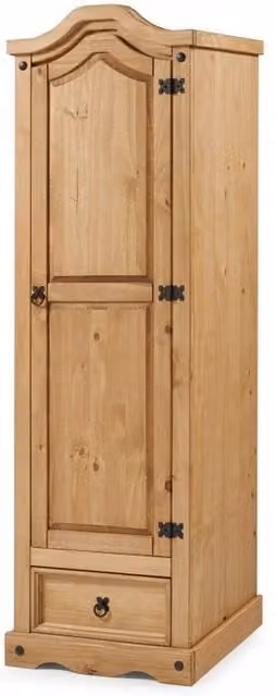 Mercers Furniture Corona Arch Top Single Wardrobe in Brown Solid Pine with Antique Wax Finish, H 176 cm x W 55 cm x D 45 cm