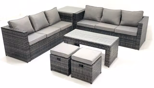 Fimous Garden Outdoor Rattan Sofa Set in Dark Grey with Coffee Table and Ottomans