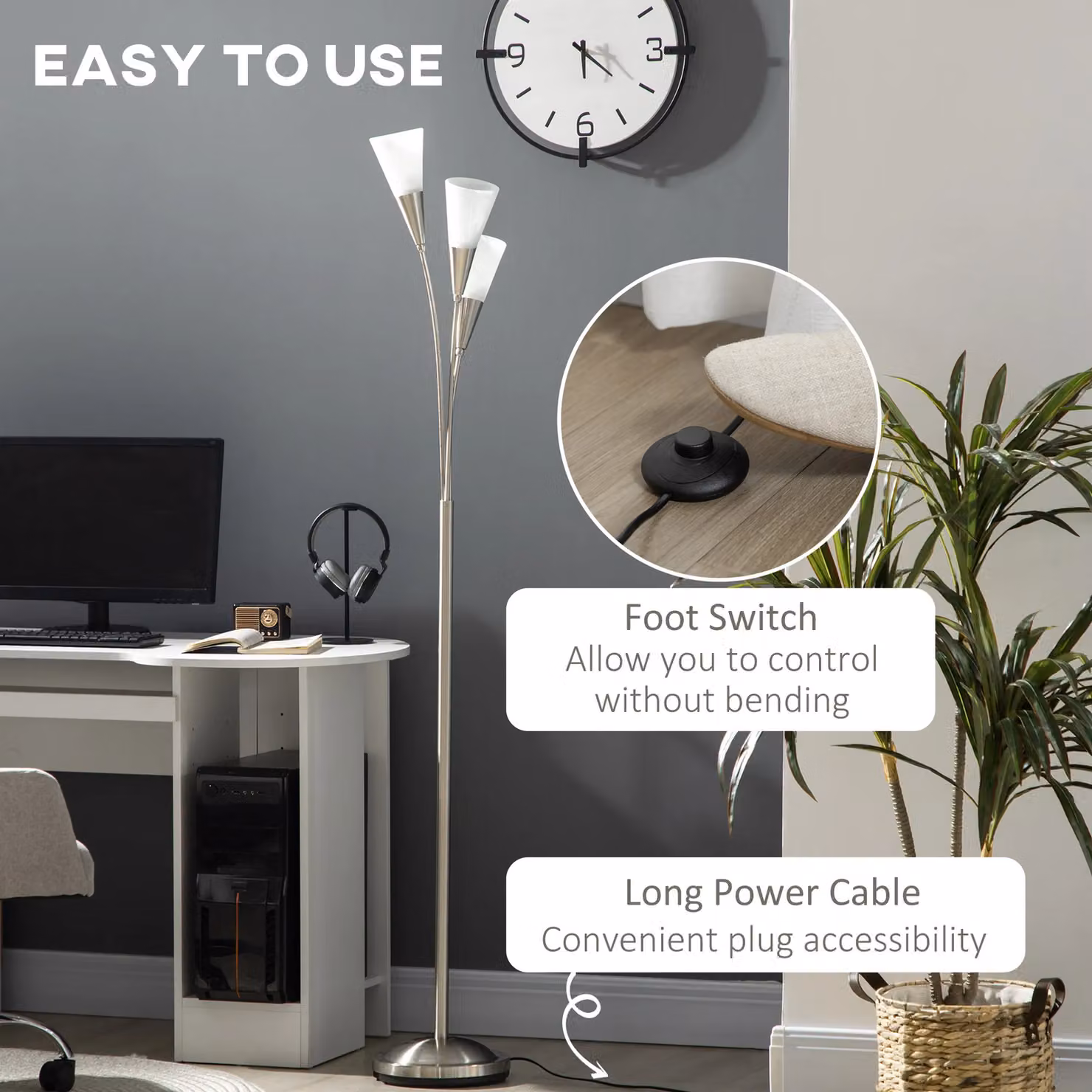 HOMCOM Modern 3-Light Floor Lamp in Silver and White – 5
