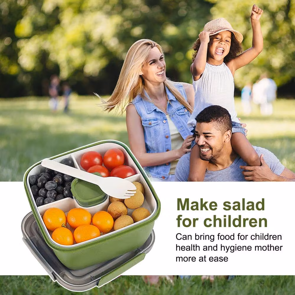 Greentainer Salad Container and Lunch Box with 3 Compartments and Spoon, Green, 52 oz – 4