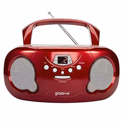 Groov-e Original Boombox Portable CD Player with Bluetooth and Radio, Red
