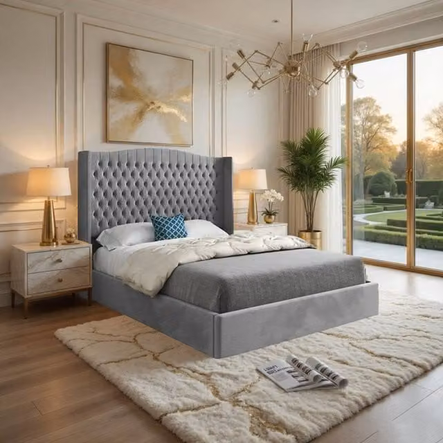 KDMD Stonegrave Winged Upholstered Designer Bed Frame in Grey Soft Velvet, Size: Single (W: 90 cm x L: 190 cm)