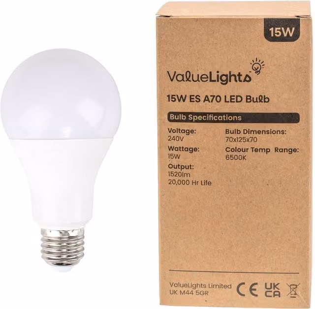ValueLights 2 Pack E27 Plastic LED Light Bulbs, 15W, 6500K Cool White, 1520lm, White