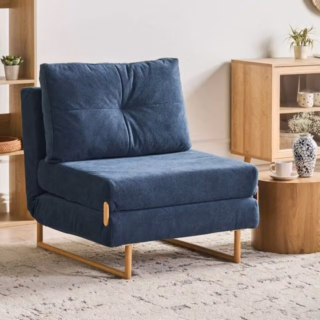 Wyld and Coco Blue Fabric Single Sofa Bed with Five-Position Reclining Backrest and Metal Frame