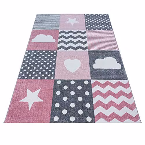 Bravich Checked Pink Kids Rug for Childrens Nursery and Bedrooms, W: 160 cm, L: 230 cm – 2