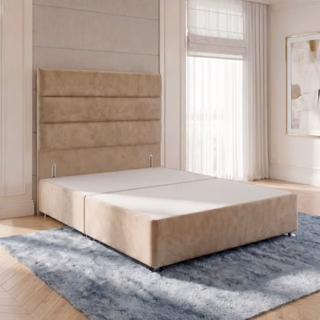 Horizona Velvet Divan Bed Base with Floor Standing Headboard and Drawers, Beige, W/D/H: 90 x 190 x 34.5 cm