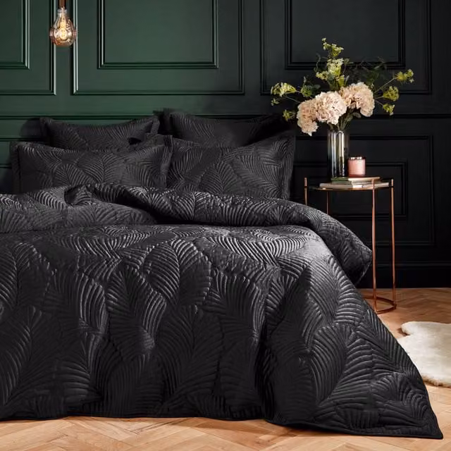 Palmeria Black Velvet and Cotton Duvet Cover and Pillowcase Set, W: 140 cm, L: 200 cm